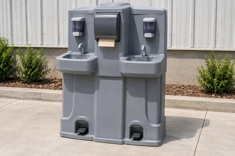 Freestanding handwashing station with basins and dispensers