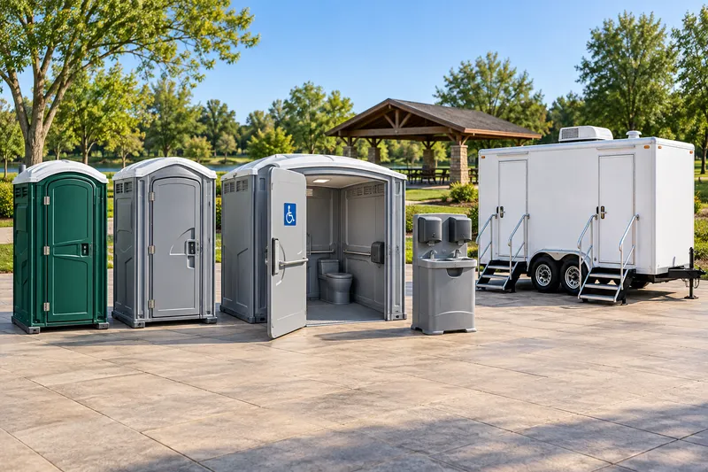 Illustrative portable restroom selection beside a pavilion: standard cabins, accessible unit, washing station and trailer