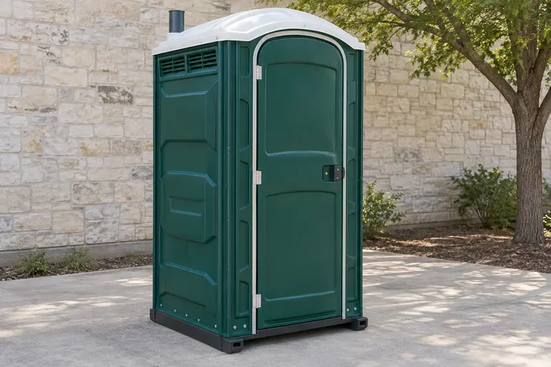 Green portable toilet cabin and closed door