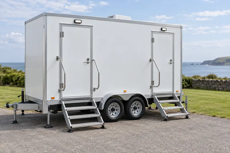 White restroom trailer and access steps