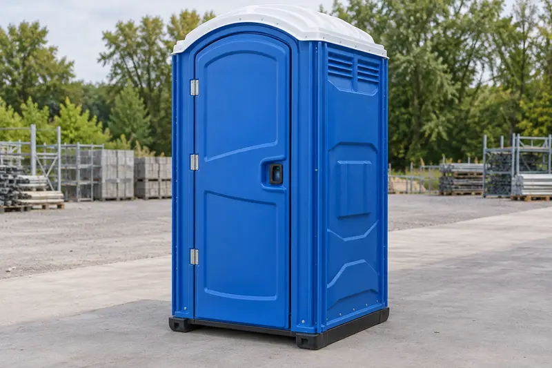 Blue self-contained toilet cabin