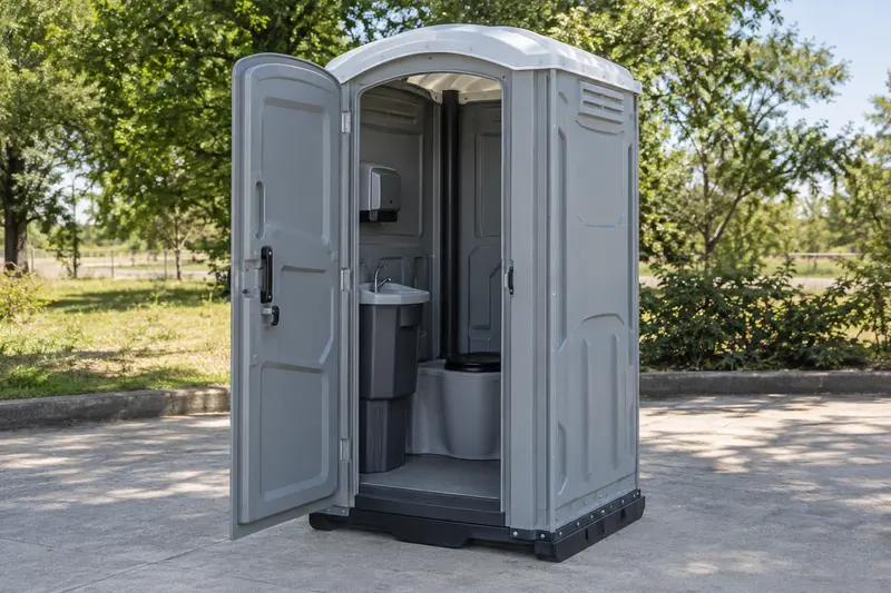 Upgraded portable toilet with interior fittings visible